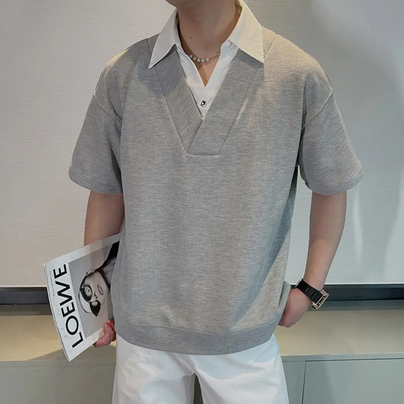 IEFB Men's Short Sleeve T-shirts New Summer Korean Casual Turn-down Collar Splicing Fake Two-piece Design Male Top 9W1676