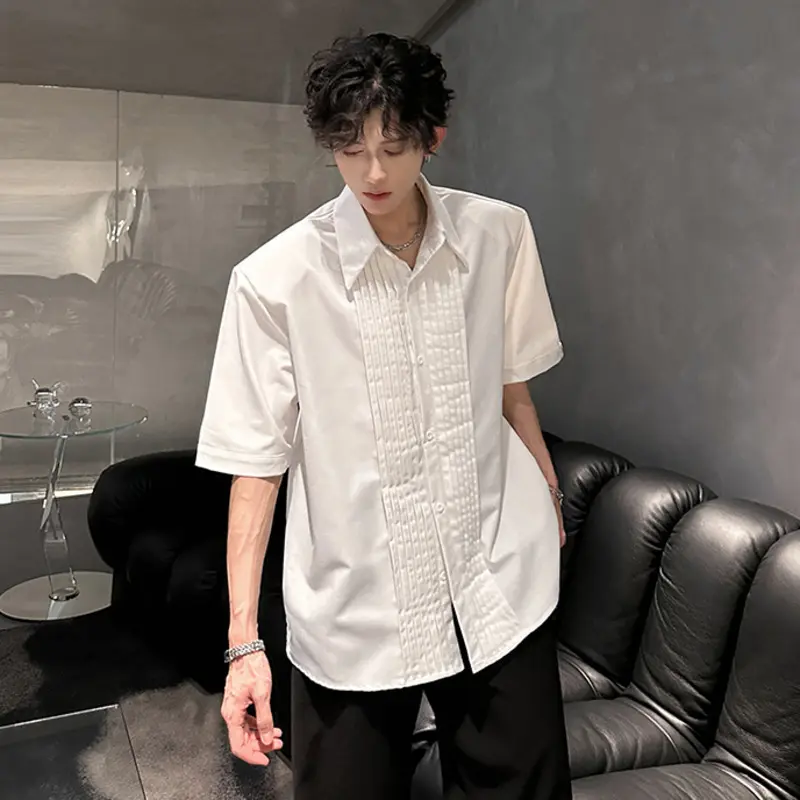IEFB Shoulder Pads Pleated Men's Shirt Short Sleeve Niche Design Shirts Threedimensional Silhouette Handsome Korean Top 9W3736