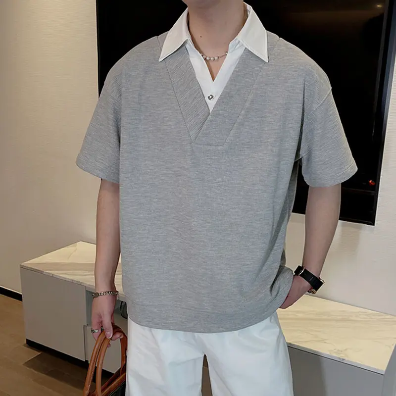 IEFB Men's Short Sleeve T-shirts New Summer Korean Casual Turn-down Collar Splicing Fake Two-piece Design Male Top 9W1676