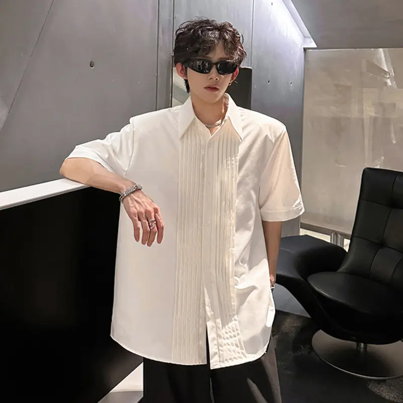IEFB Shoulder Pads Pleated Men's Shirt Short Sleeve Niche Design Shirts Threedimensional Silhouette Handsome Korean Top 9W3736
