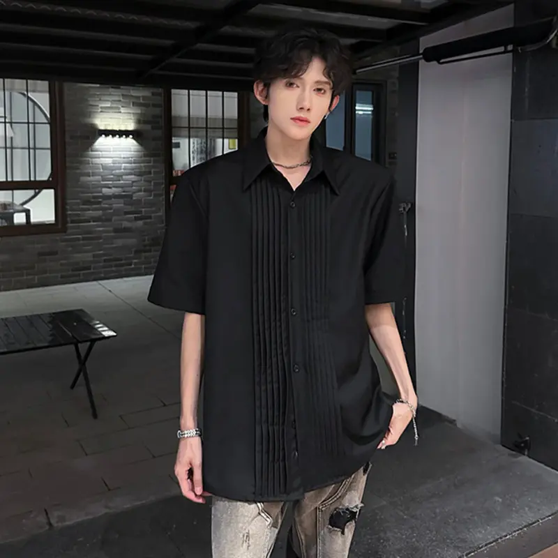 IEFB Shoulder Pads Pleated Men's Shirt Short Sleeve Niche Design Shirts Threedimensional Silhouette Handsome Korean Top 9W3736