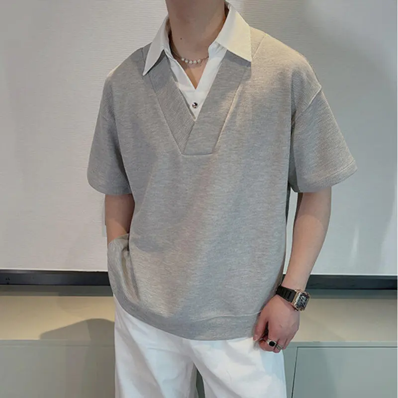 IEFB Men's Short Sleeve T-shirts New Summer Korean Casual Turn-down Collar Splicing Fake Two-piece Design Male Top 9W1676