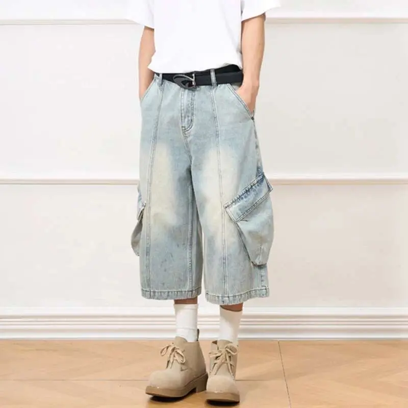 IEFB Men's Jeans New American Style Distressed Washed Multi Pockets Trendy Straight Leg Stylish Male Casual Bottoms 9W1910