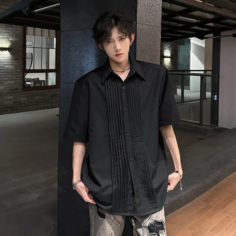 IEFB Shoulder Pads Pleated Men's Shirt Short Sleeve Niche Design Shirts Threedimensional Silhouette Handsome Korean Top 9W3736