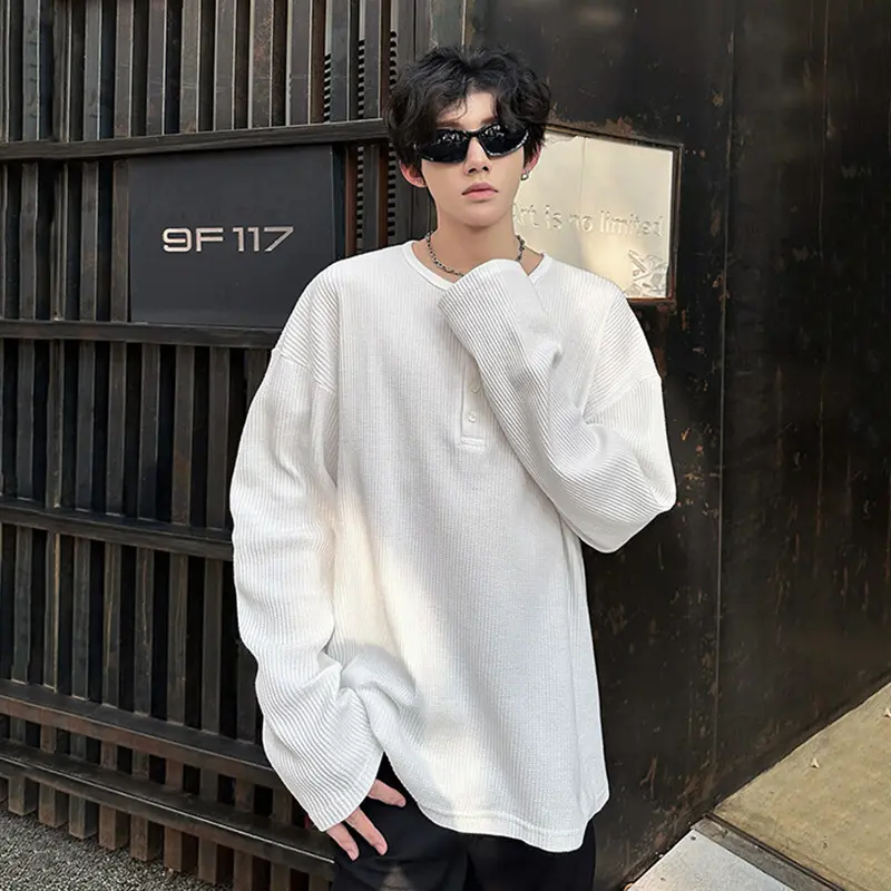 IEFB Men's Long Sleeve T-shirts New Korean Style Solid Color Trendy Button Design Pullover Loose Male O-neck Clothing 9W1760