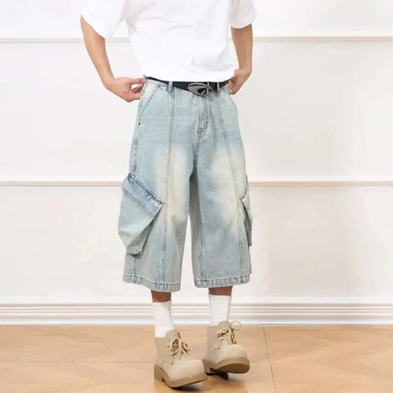 IEFB Men's Jeans New American Style Distressed Washed Multi Pockets Trendy Straight Leg Stylish Male Casual Bottoms 9W1910
