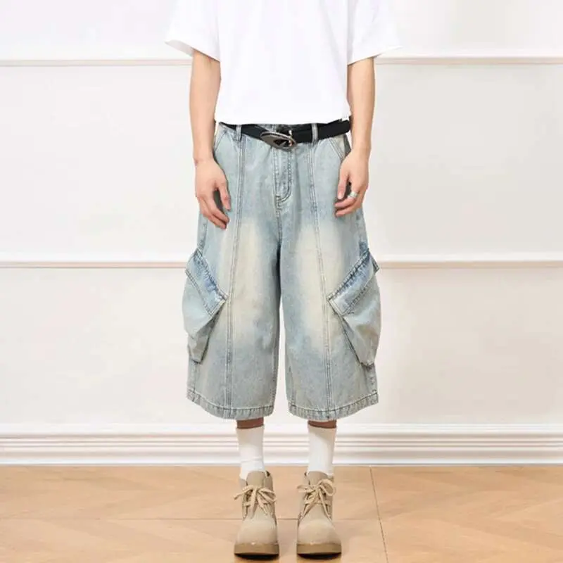IEFB Men's Jeans New American Style Distressed Washed Multi Pockets Trendy Straight Leg Stylish Male Casual Bottoms 9W1910