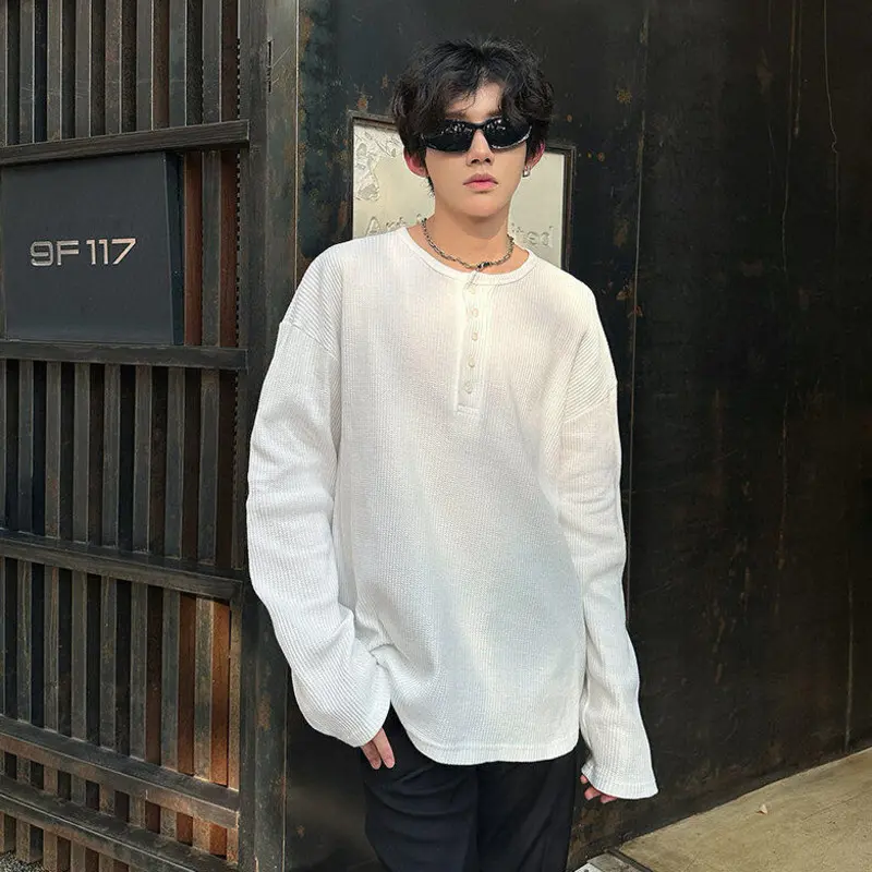 IEFB Men's Long Sleeve T-shirts New Korean Style Solid Color Trendy Button Design Pullover Loose Male O-neck Clothing 9W1760
