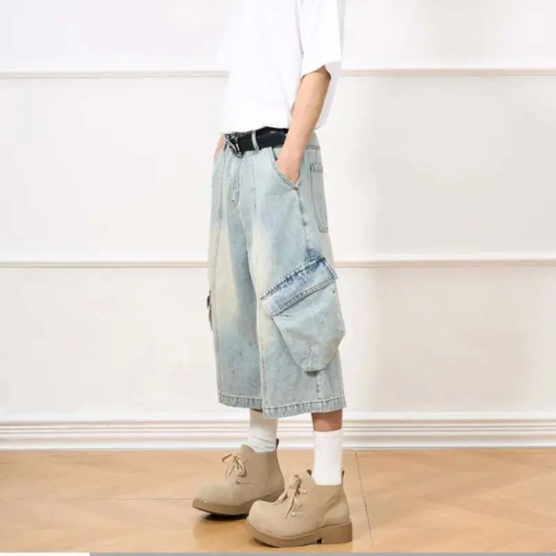 IEFB Men's Jeans New American Style Distressed Washed Multi Pockets Trendy Straight Leg Stylish Male Casual Bottoms 9W1910
