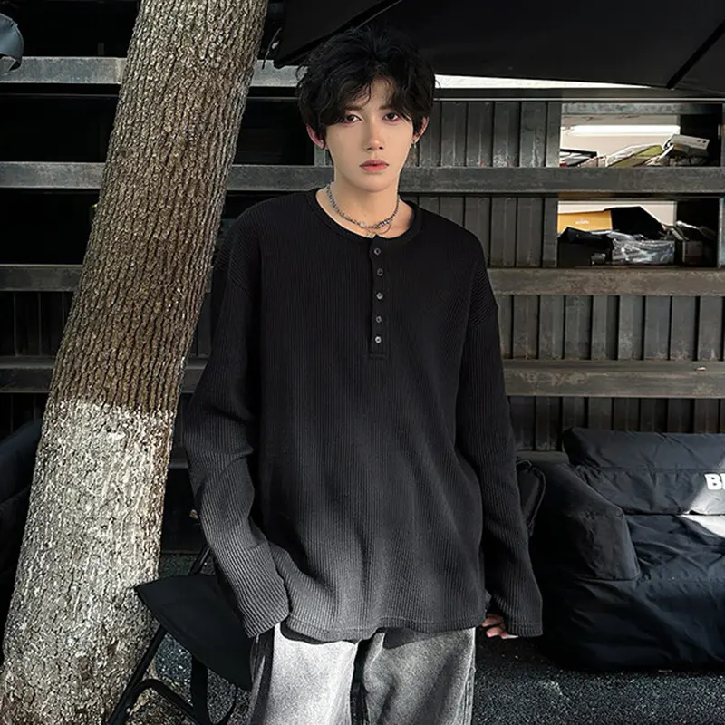 IEFB Men's Long Sleeve T-shirts New Korean Style Solid Color Trendy Button Design Pullover Loose Male O-neck Clothing 9W1760