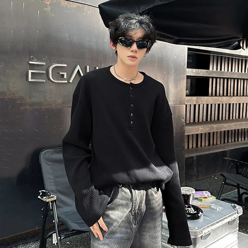 IEFB Men's Long Sleeve T-shirts New Korean Style Solid Color Trendy Button Design Pullover Loose Male O-neck Clothing 9W1760