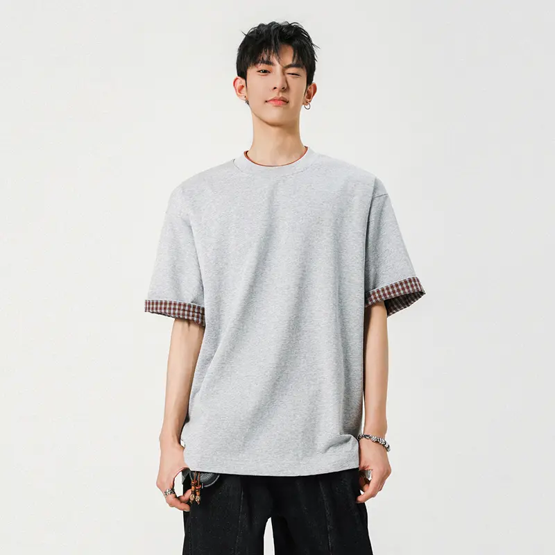 IEFB Men's T-shirts New Fashion Solid Color Plaid Flip Design Short Sleeve Round Neck Pullover Male Casual Clothing 9W1940