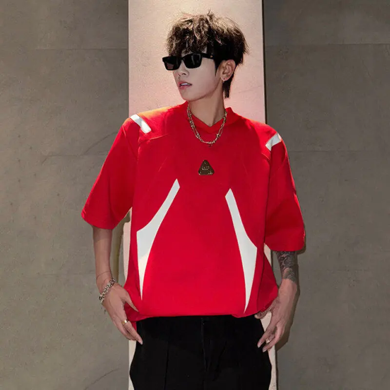 IEFB Stylish Men's T-shirts Round Neck Contrast Color Metal Patchwork Top Shoulder Padded Loose Short Sleeved Male Tees 9W3509