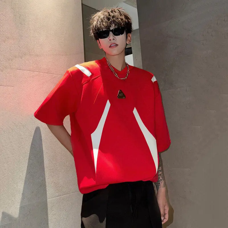 IEFB Stylish Men's T-shirts Round Neck Contrast Color Metal Patchwork Top Shoulder Padded Loose Short Sleeved Male Tees 9W3509