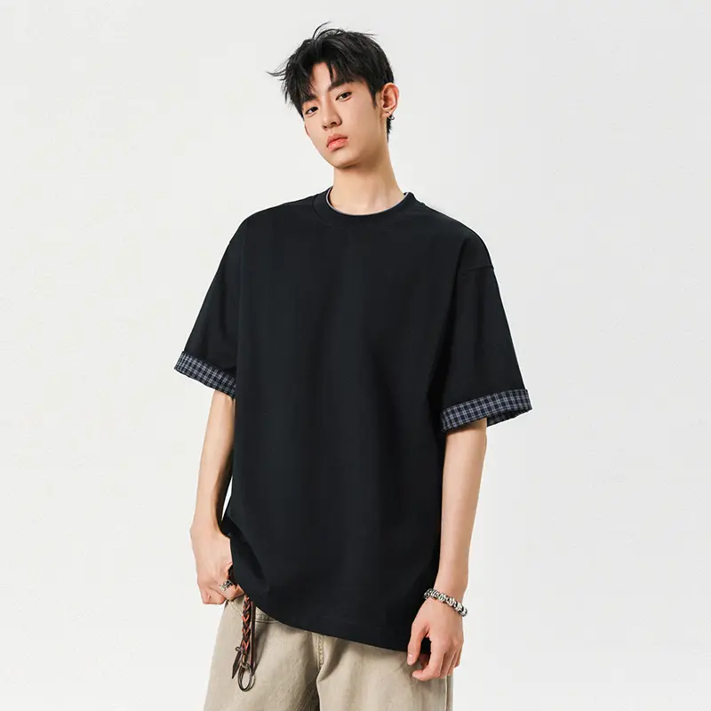 IEFB Men's T-shirts New Fashion Solid Color Plaid Flip Design Short Sleeve Round Neck Pullover Male Casual Clothing 9W1940