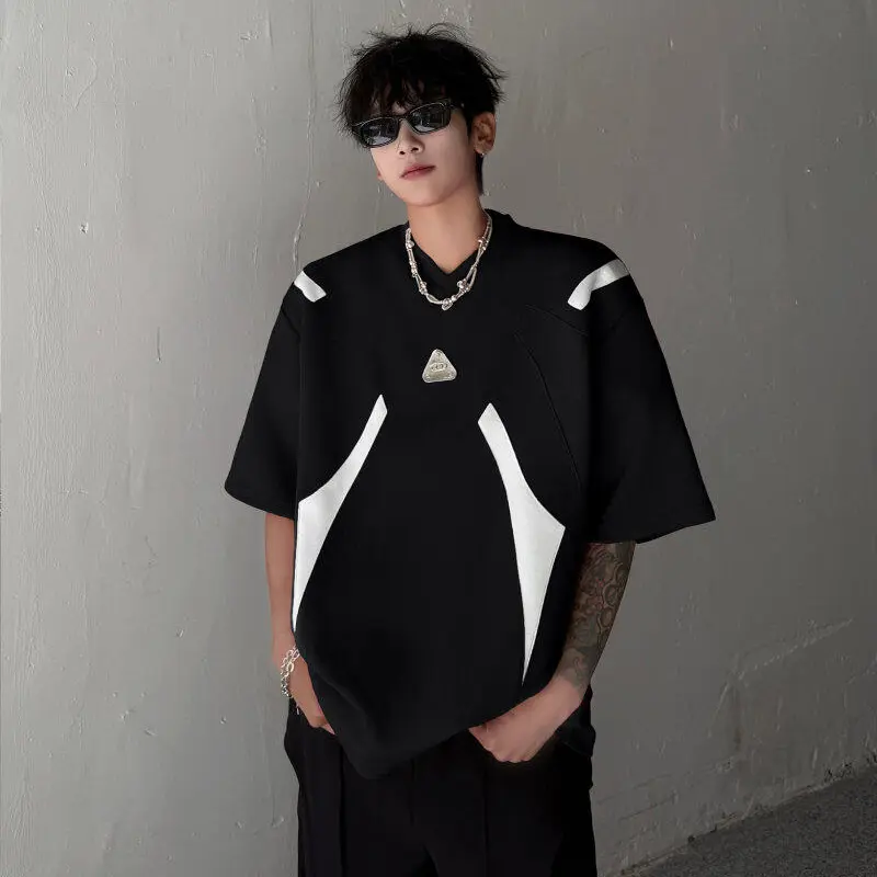 IEFB Stylish Men's T-shirts Round Neck Contrast Color Metal Patchwork Top Shoulder Padded Loose Short Sleeved Male Tees 9W3509