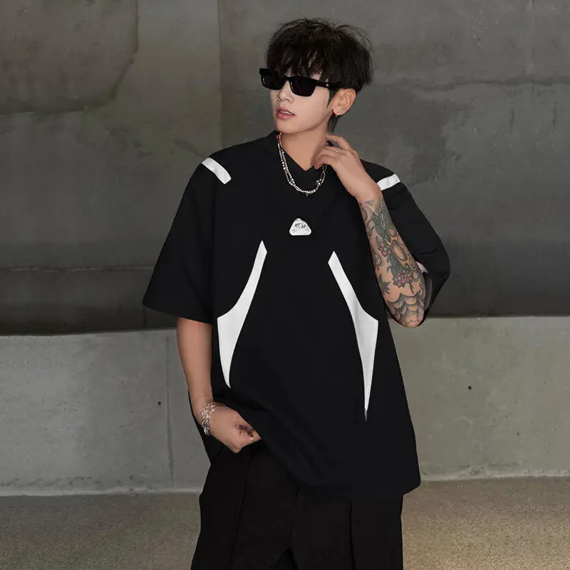 IEFB Stylish Men's T-shirts Round Neck Contrast Color Metal Patchwork Top Shoulder Padded Loose Short Sleeved Male Tees 9W3509