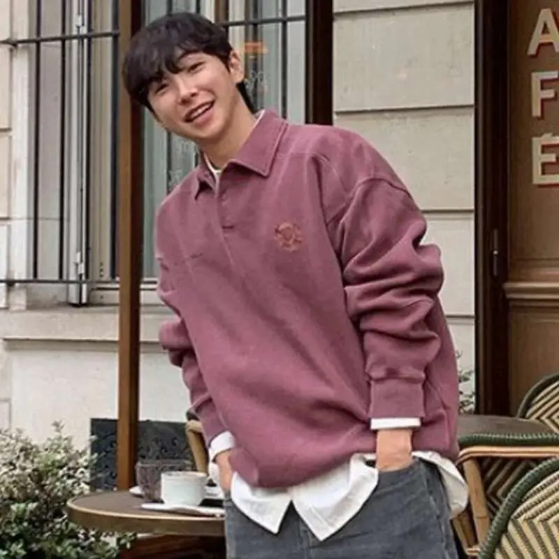 IEFB Men's Sweatshirt New Spring Turn-down Collar Loose Embroidered Top Korean Long Sleeve Pullover Fashion Clothing 9W1485
