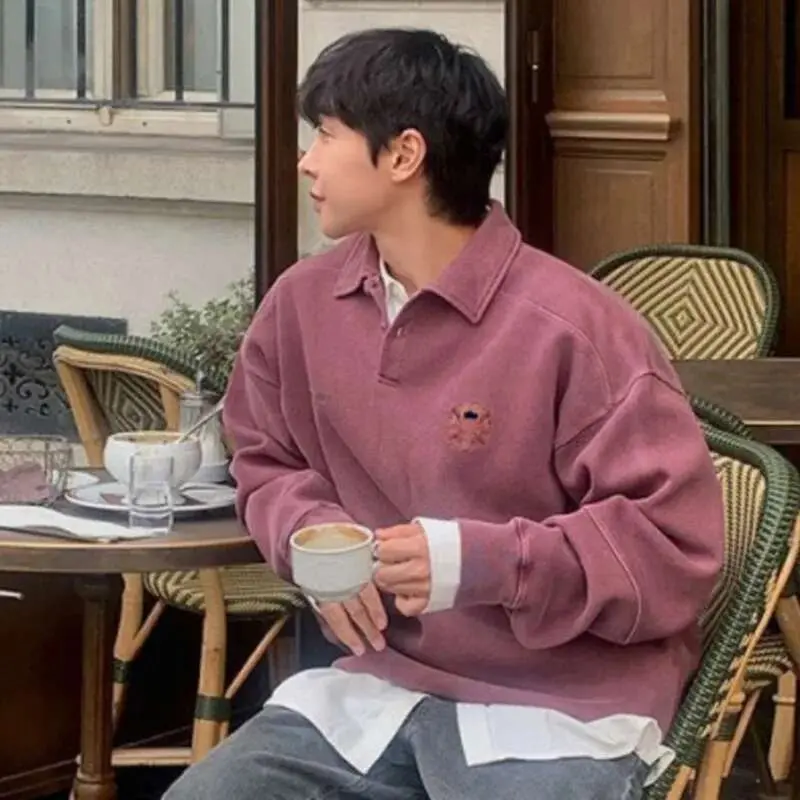 IEFB Men's Sweatshirt New Spring Turn-down Collar Loose Embroidered Top Korean Long Sleeve Pullover Fashion Clothing 9W1485