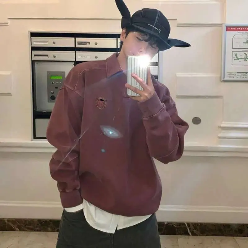 IEFB Men's Sweatshirt New Spring Turn-down Collar Loose Embroidered Top Korean Long Sleeve Pullover Fashion Clothing 9W1485