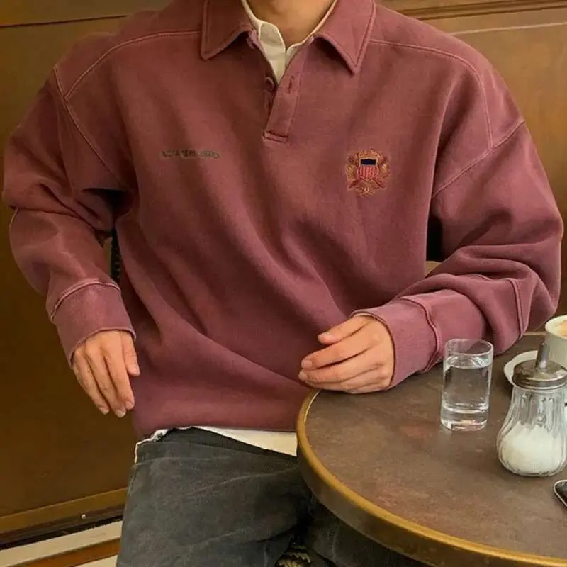 IEFB Men's Sweatshirt New Spring Turn-down Collar Loose Embroidered Top Korean Long Sleeve Pullover Fashion Clothing 9W1485