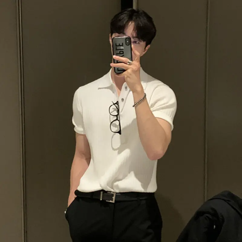 IEFB Korean Style Men's T-shirts Short Sleeved Turn-down Collar Button Design Solid Color Striped Knitted Casual Male Tee 9W2483