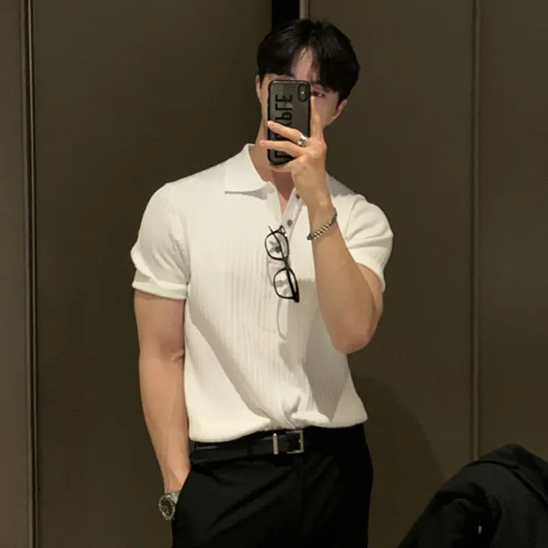 IEFB Korean Style Men's T-shirts Short Sleeved Turn-down Collar Button Design Solid Color Striped Knitted Casual Male Tee 9W2483