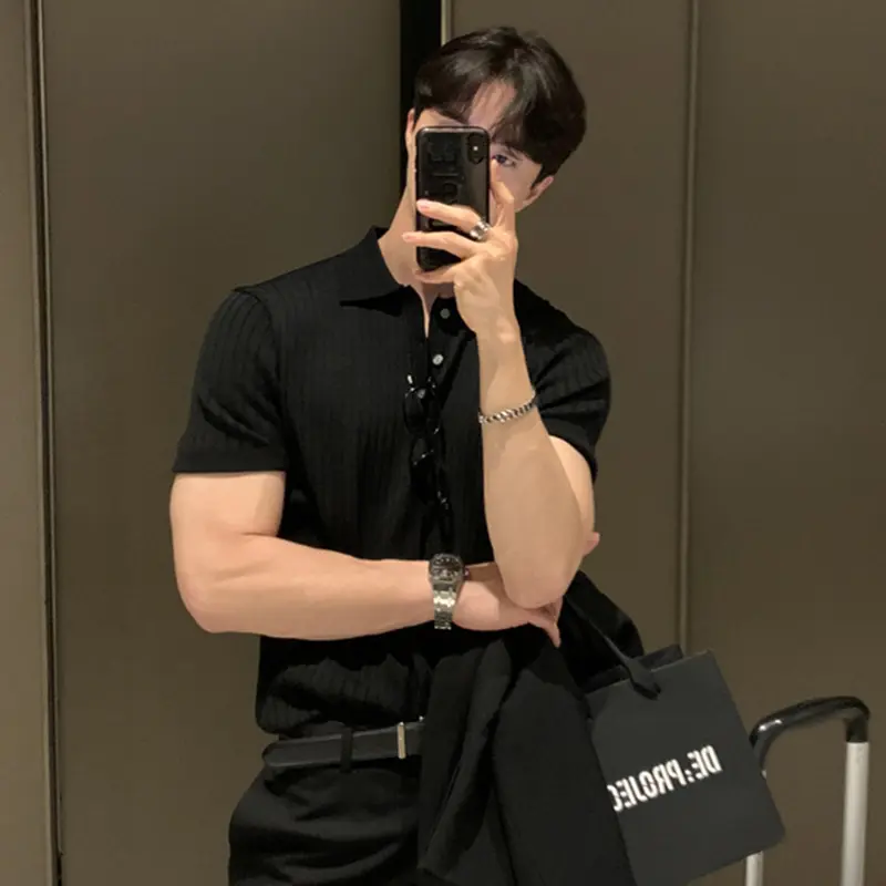 IEFB Korean Style Men's T-shirts Short Sleeved Turn-down Collar Button Design Solid Color Striped Knitted Casual Male Tee 9W2483