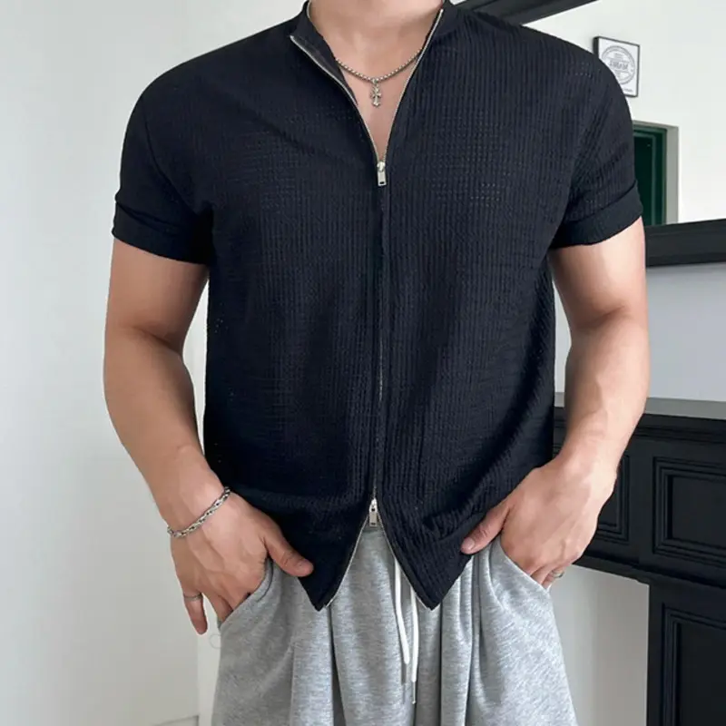 IEFB Double Zippers Design Men's T-shirts Round Collar Solid Color Tops Simple Short Sleeved Casual Slim Male Tees New 9W2499