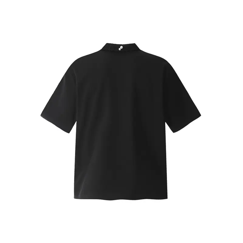 IEFB Dark Style Men's T-shirts Turn-down Collar Pearl Design Solid Color Casual Tops Short Sleeved Loose Male Tee Summer CPG2949