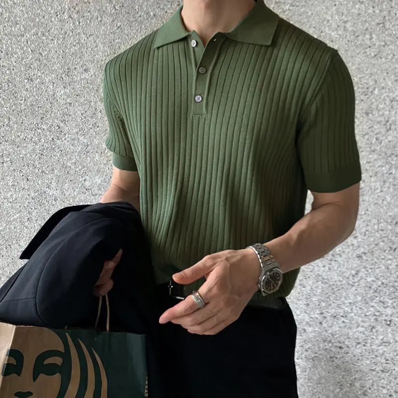 IEFB Korean Style Men's T-shirts Short Sleeved Turn-down Collar Button Design Solid Color Striped Knitted Casual Male Tee 9W2483