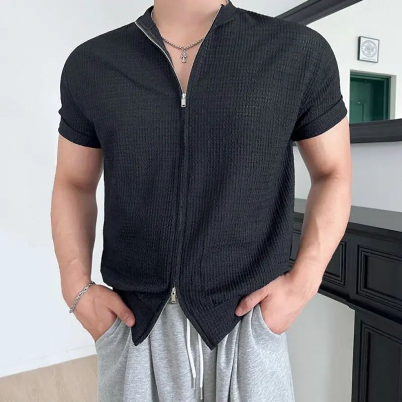 IEFB Double Zippers Design Men's T-shirts Round Collar Solid Color Tops Simple Short Sleeved Casual Slim Male Tees New 9W2499