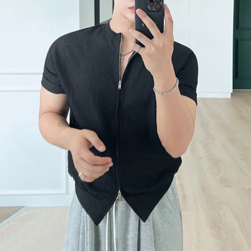 IEFB Double Zippers Design Men's T-shirts Round Collar Solid Color Tops Simple Short Sleeved Casual Slim Male Tees New 9W2499