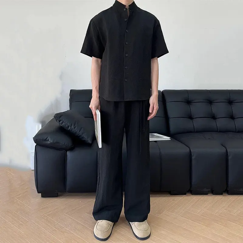 IEFB New Chinese Style Men's Set Stand Collar Short Sleeve Shirt Elastic Waist Straight Male Casual Pants Two-Piece Suit 9W3570