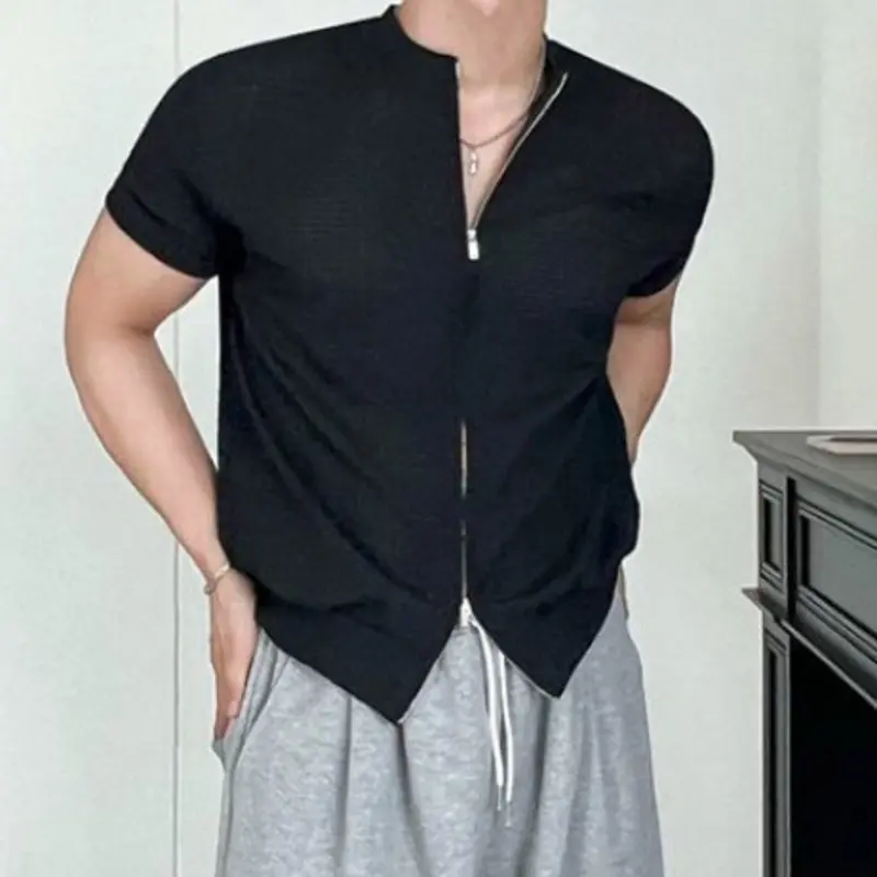 IEFB Double Zippers Design Men's T-shirts Round Collar Solid Color Tops Simple Short Sleeved Casual Slim Male Tees New 9W2499