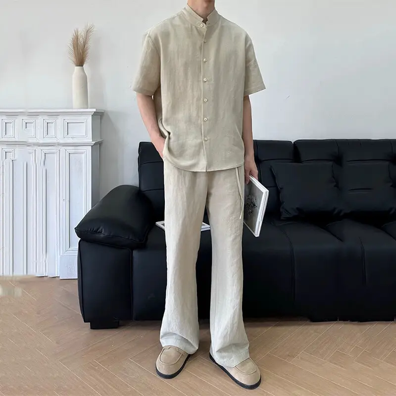 IEFB New Chinese Style Men's Set Stand Collar Short Sleeve Shirt Elastic Waist Straight Male Casual Pants Two-Piece Suit 9W3570