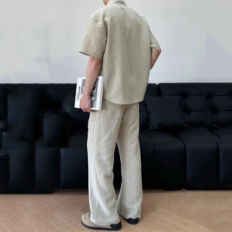 IEFB New Chinese Style Men's Set Stand Collar Short Sleeve Shirt Elastic Waist Straight Male Casual Pants Two-Piece Suit 9W3570