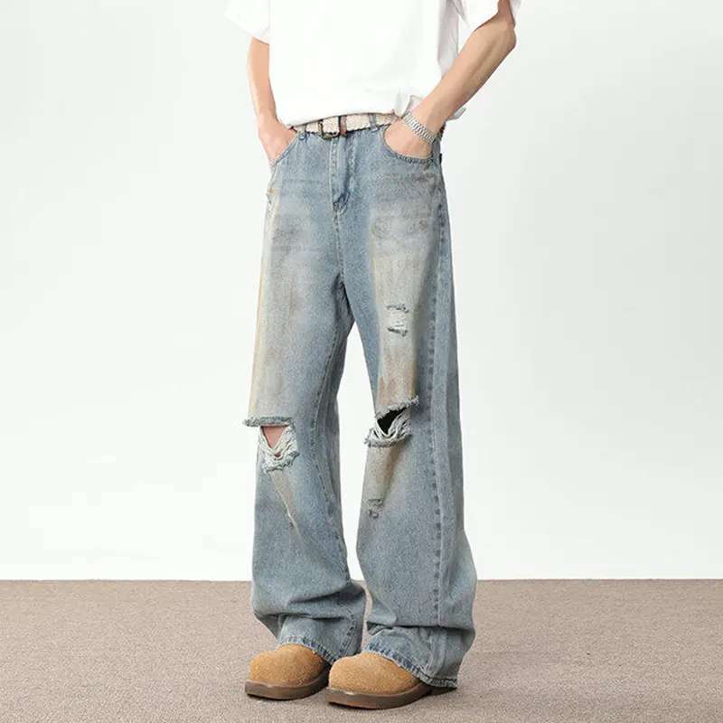 IEFB American Style New Fashion Men's Wear Denim Pants Vintage Distressed Hole Worn-out Male Jeans Baggy Summer Trend 9W3393
