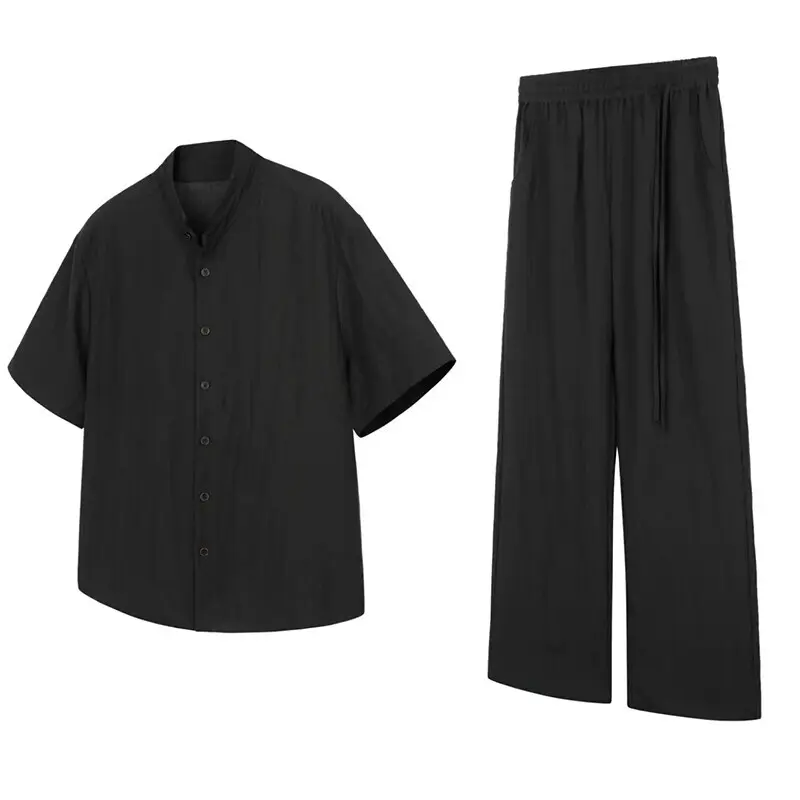 IEFB New Chinese Style Men's Set Stand Collar Short Sleeve Shirt Elastic Waist Straight Male Casual Pants Two-Piece Suit 9W3570