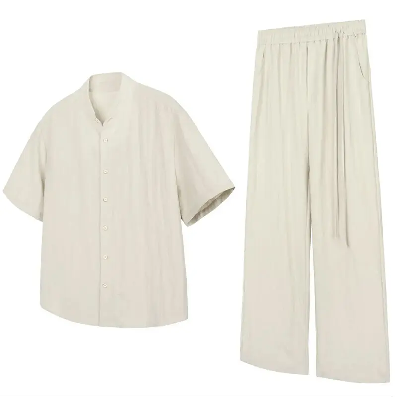 IEFB New Chinese Style Men's Set Stand Collar Short Sleeve Shirt Elastic Waist Straight Male Casual Pants Two-Piece Suit 9W3570