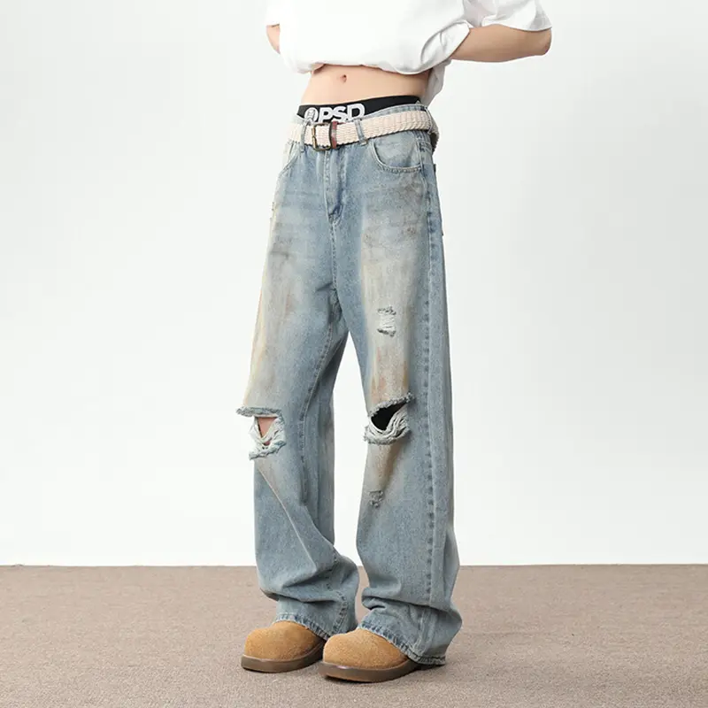 IEFB American Style New Fashion Men's Wear Denim Pants Vintage Distressed Hole Worn-out Male Jeans Baggy Summer Trend 9W3393