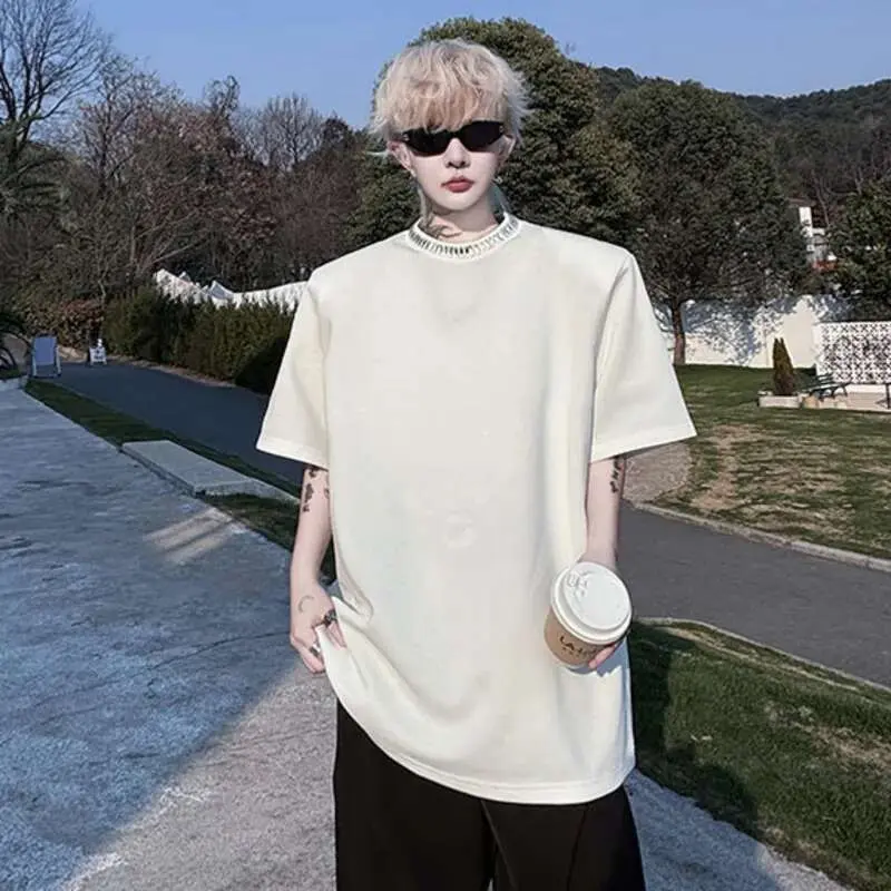IEFB Men's Short Sleeved T-shirts Summer Round Neck Collar Handmade Nail Glitter Decoration Solid Color Male Clothing 9W1495