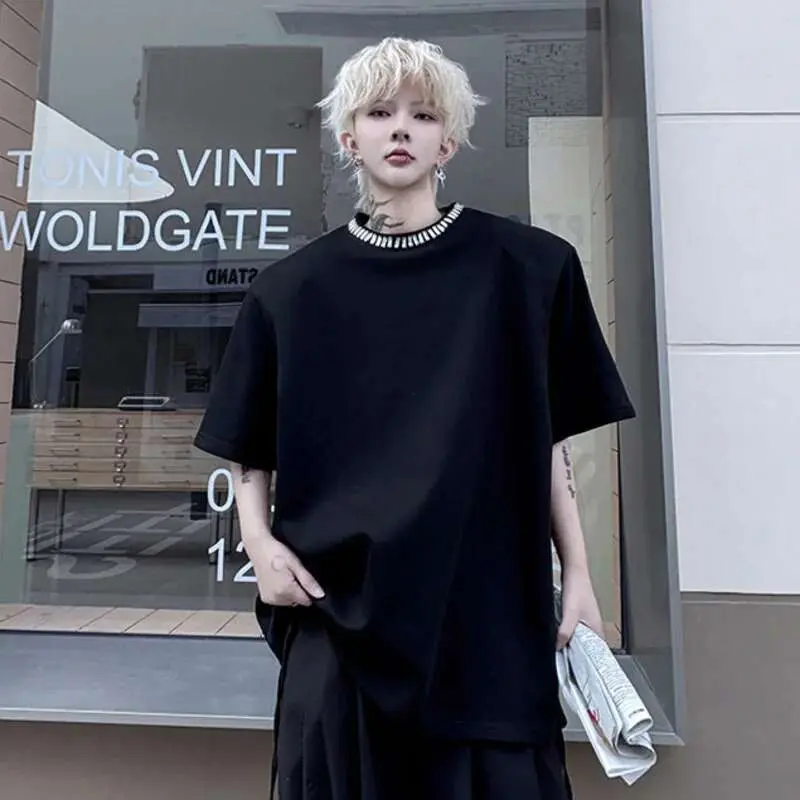 IEFB Men's Short Sleeved T-shirts Summer Round Neck Collar Handmade Nail Glitter Decoration Solid Color Male Clothing 9W1495