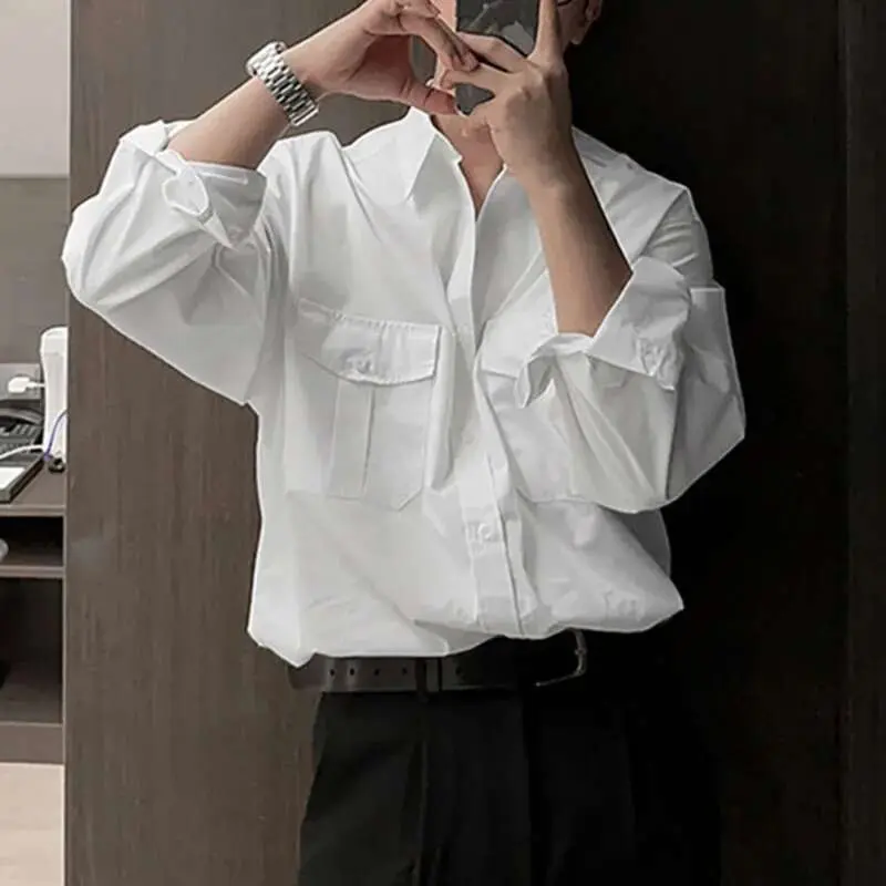 IEFB Big Pcoket Deisgn Men's Shirts Turn-down Collar Single Breasted Solid Color Casual Tops Long Sleeved Male Shirt New 9W1224