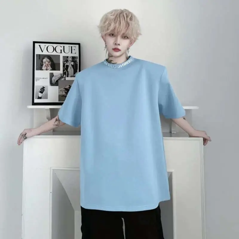 IEFB Men's Short Sleeved T-shirts Summer Round Neck Collar Handmade Nail Glitter Decoration Solid Color Male Clothing 9W1495