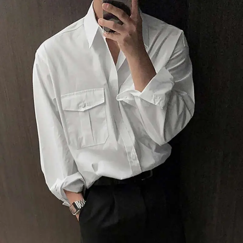 IEFB Big Pcoket Deisgn Men's Shirts Turn-down Collar Single Breasted Solid Color Casual Tops Long Sleeved Male Shirt New 9W1224