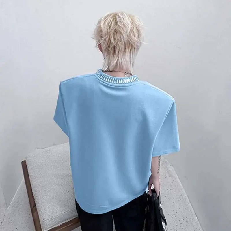 IEFB Men's Short Sleeved T-shirts Summer Round Neck Collar Handmade Nail Glitter Decoration Solid Color Male Clothing 9W1495