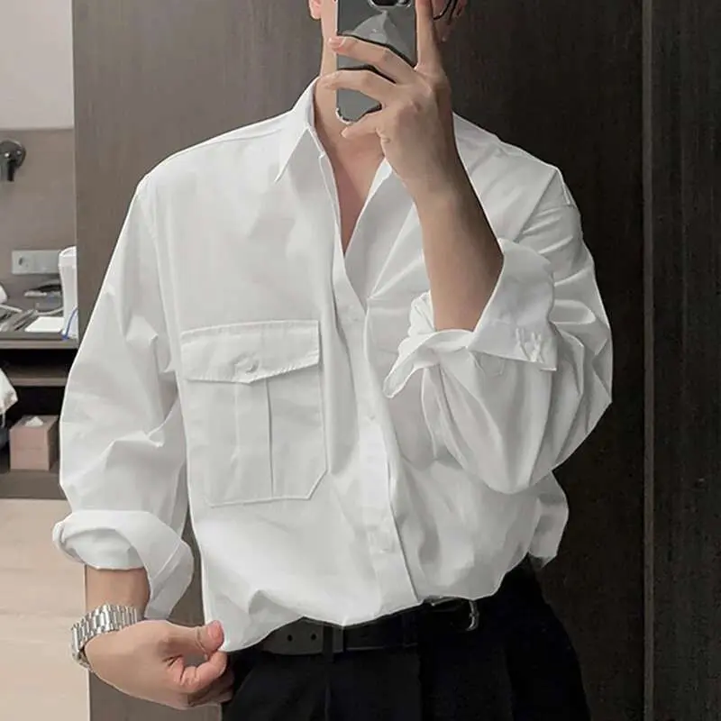 IEFB Big Pcoket Deisgn Men's Shirts Turn-down Collar Single Breasted Solid Color Casual Tops Long Sleeved Male Shirt New 9W1224