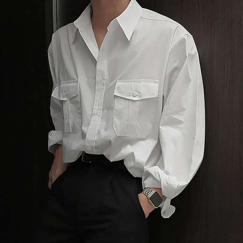 IEFB Big Pcoket Deisgn Men's Shirts Turn-down Collar Single Breasted Solid Color Casual Tops Long Sleeved Male Shirt New 9W1224