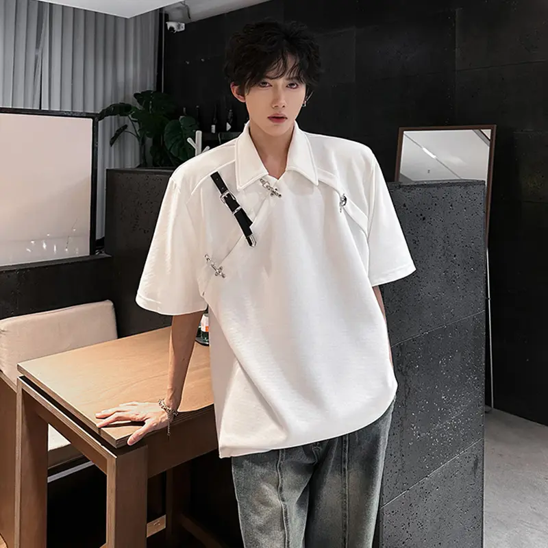 IEFB Men's T-shirts New Korean Style Metal Belt Buckle Design Shoulder Pad Trendy Turn-down Collar Stylish Male Tops 9W1917